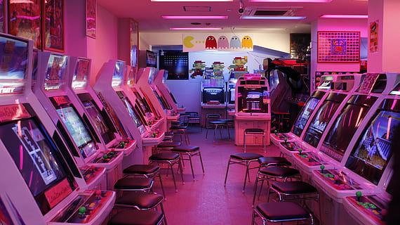 turned-on arcade machines with stools, store, retail, business HD wallpaper