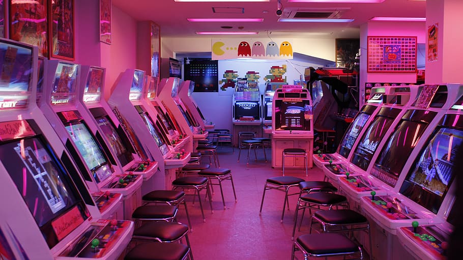 turned-on arcade machines with stools, store, retail, business, HD wallpaper