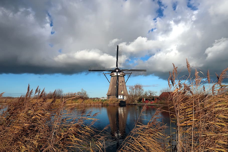 mill, wind mill, kinderdijk, clouds, netherlands, holland, reflection HD wallpaper