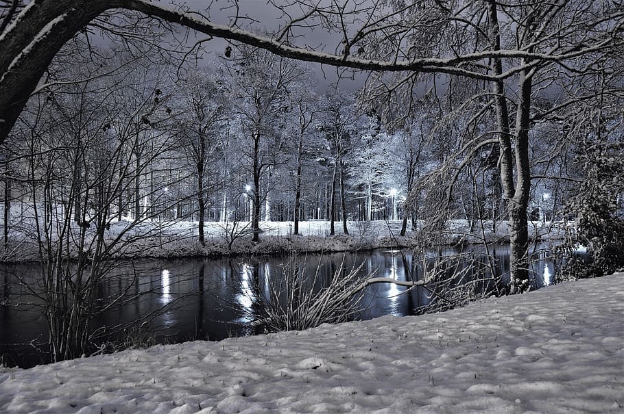 sweden, light, lights, snow, winter, river, night, reflection HD wallpaper