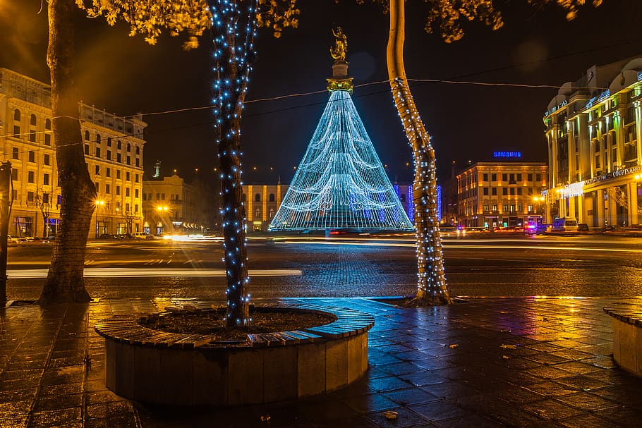 dom square, georgia, tbilisi, night photography, christmas, HD wallpaper