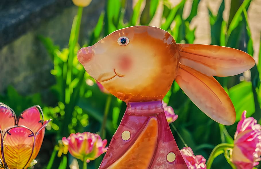 easter bunny, figure, doe, cute, easter theme, flowers, colorful HD wallpaper