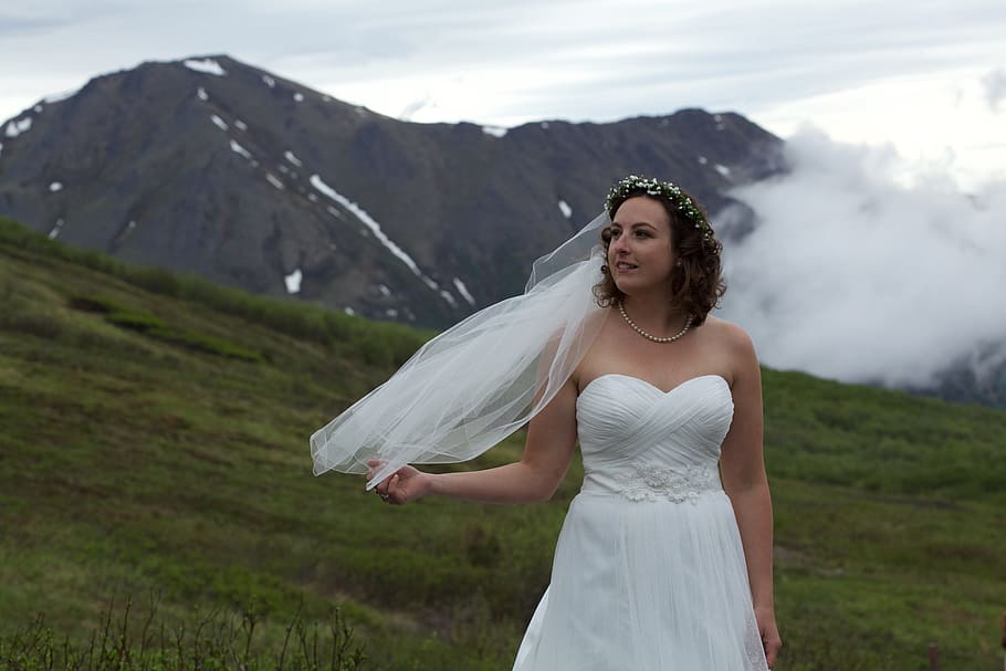 Woman Standing on Grass Wearing White Wedding Dress, bridal gown, HD wallpaper