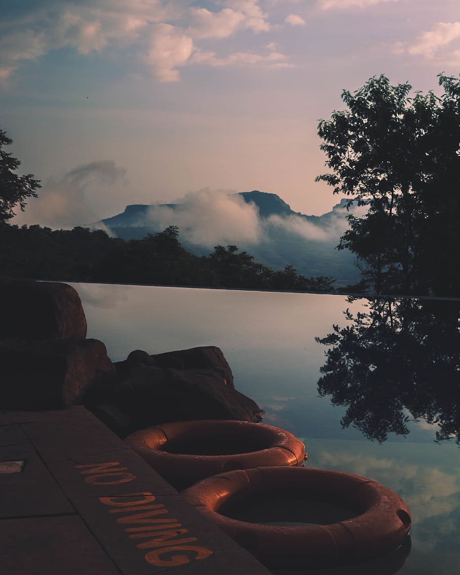 serene, surreal, mountains, cloudy, sunrise, pool, swimming HD wallpaper
