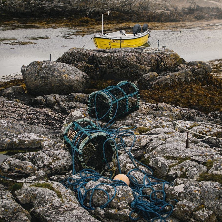 two blue fish nets, rock, isle of barra, united kingdom, outdoors HD wallpaper