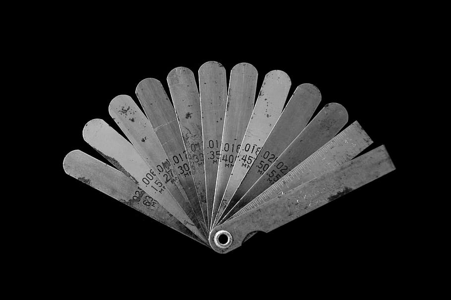 tool, feeler gauge, measure, fan, black and white, b and w
