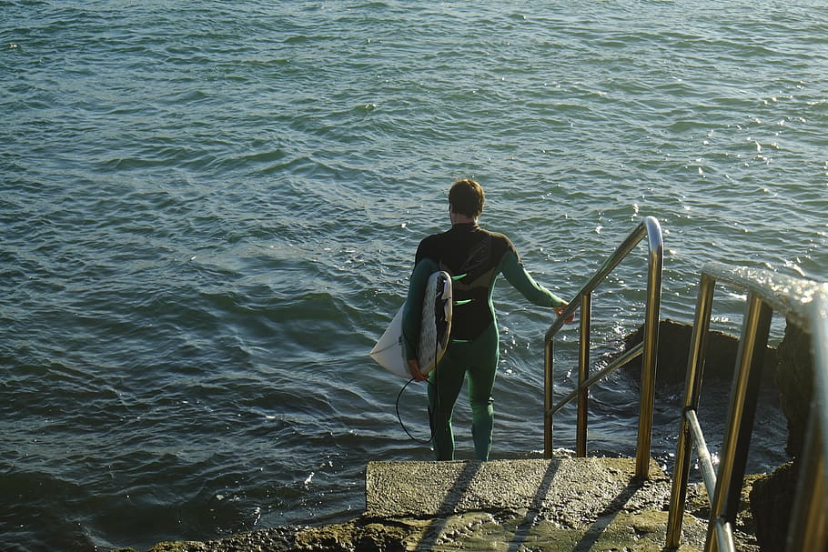 decision, alone, sport, surf, surfer, stairs, youth, water HD wallpaper