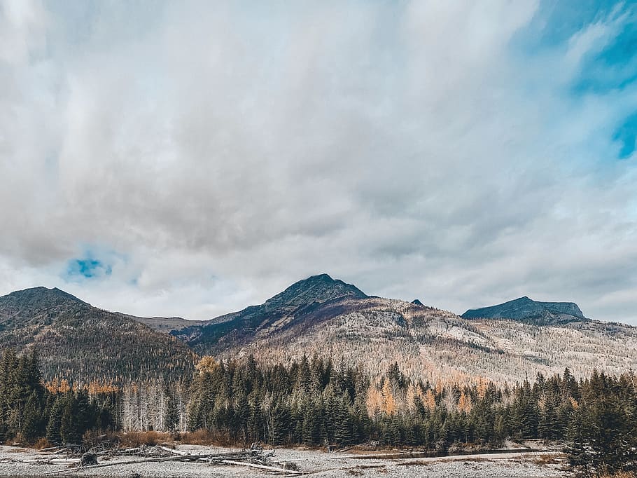 brown hills under white clouds, united states, west glacier, going-to-the-sun rd HD wallpaper