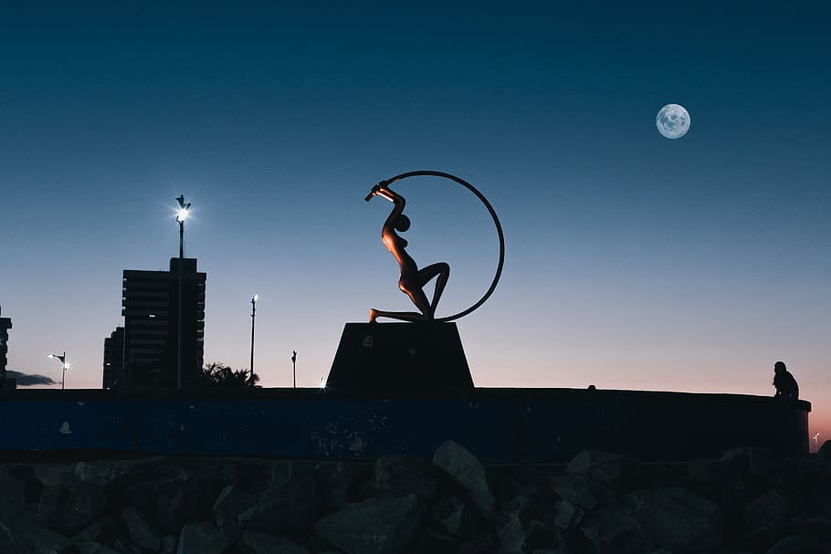 gray statue near building, sky, real people, moon, architecture HD wallpaper