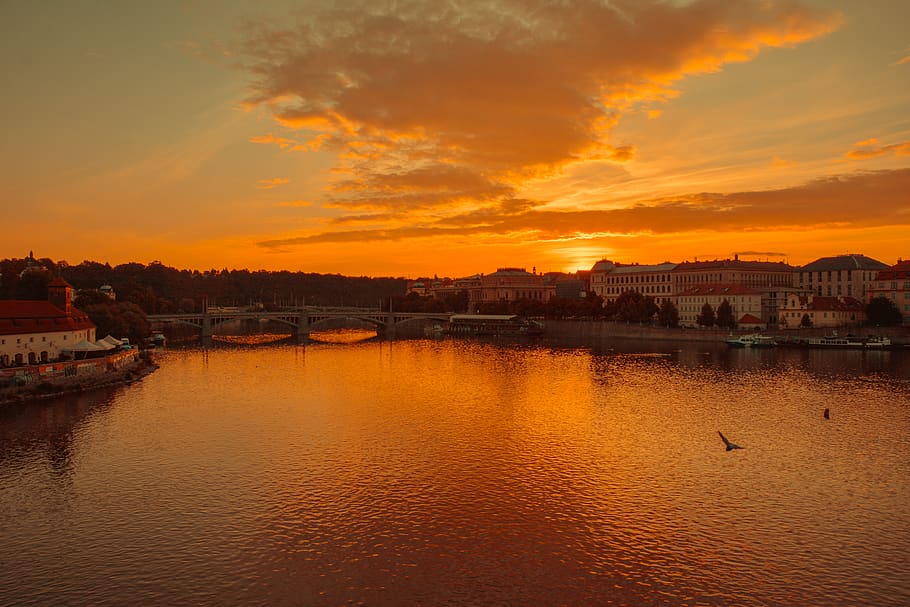 prague, czechia, orange, old, cityscape, bridge, clouds, sky HD wallpaper