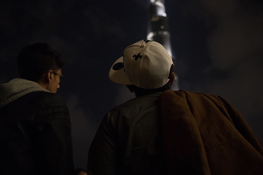 burj khalifa tower, two people, adult, men, indoors, waist up HD wallpaper