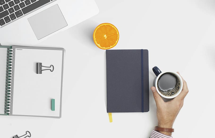workspace, desktop, coffee, looking down, keyboard, planner HD wallpaper