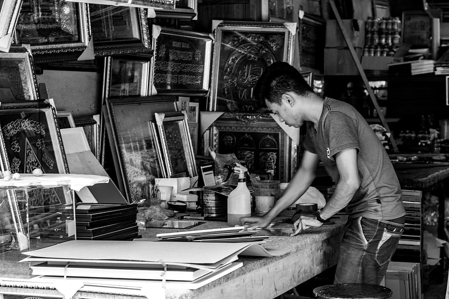 person, human, workshop, shelf, worker, furniture, indoors HD wallpaper