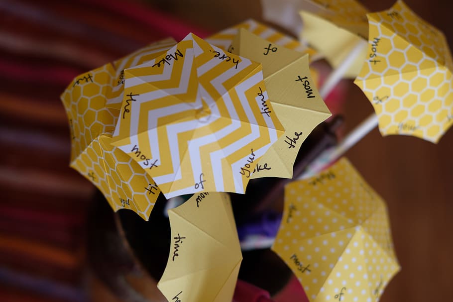 yellow and white mini umbrellas, indoors, paper, text, creativity HD wallpaper