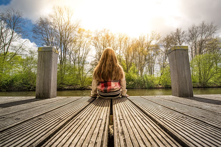 Woman Sitting Down on Bridge, back view, child, daylight, dock HD wallpaper