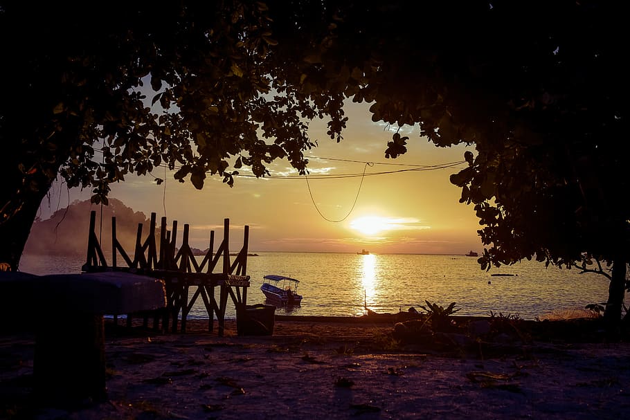 island, sunset, water, tree, sky, plant, scenics - nature, beauty in nature HD wallpaper