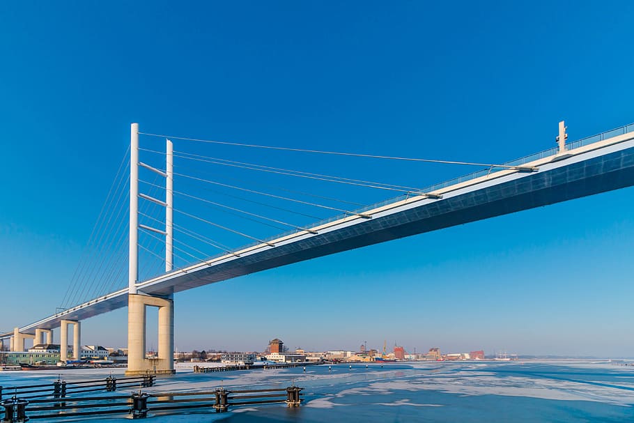 White Metal Bridge Under the Blue Sky, architecture, river, suspension bridge HD wallpaper