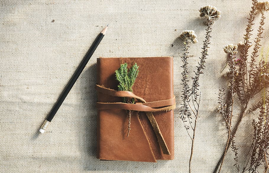 Brown Leather Journal, book, close-up, colors, flora, flowers HD wallpaper