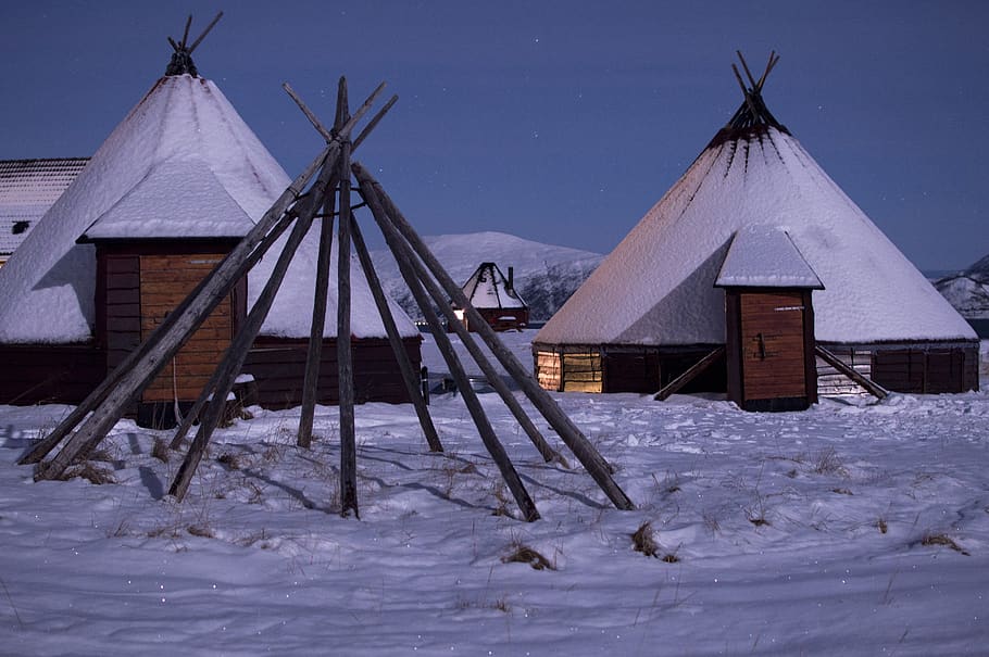 two white tents on winter, hut, building, shelter, countryside HD wallpaper