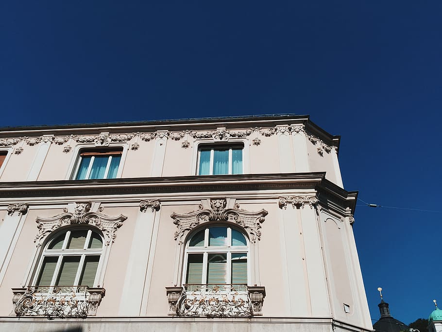 building, ancient, old, windows, blue, sky, architecture, design HD wallpaper
