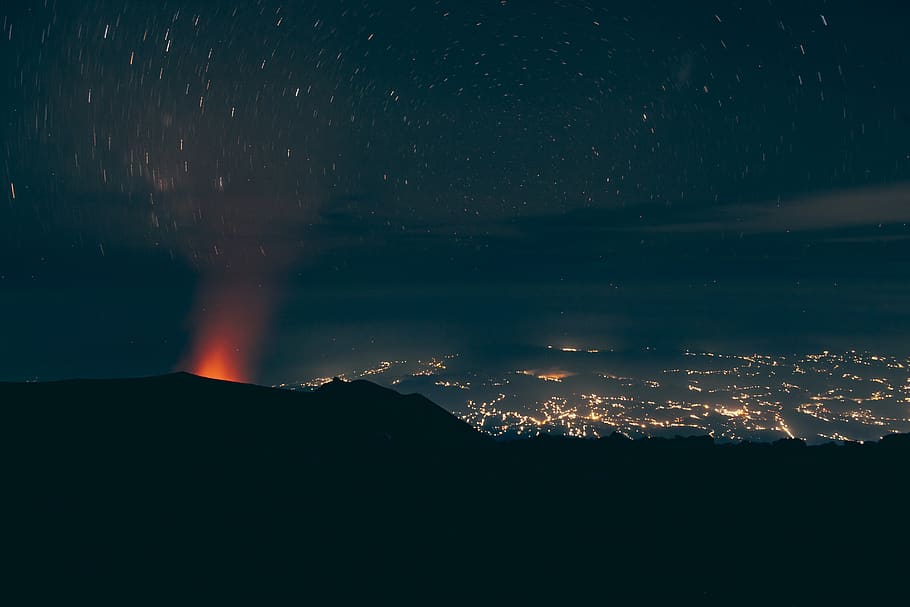 indonesia, semeru, city lights, sky, volcano, night sky, eruption