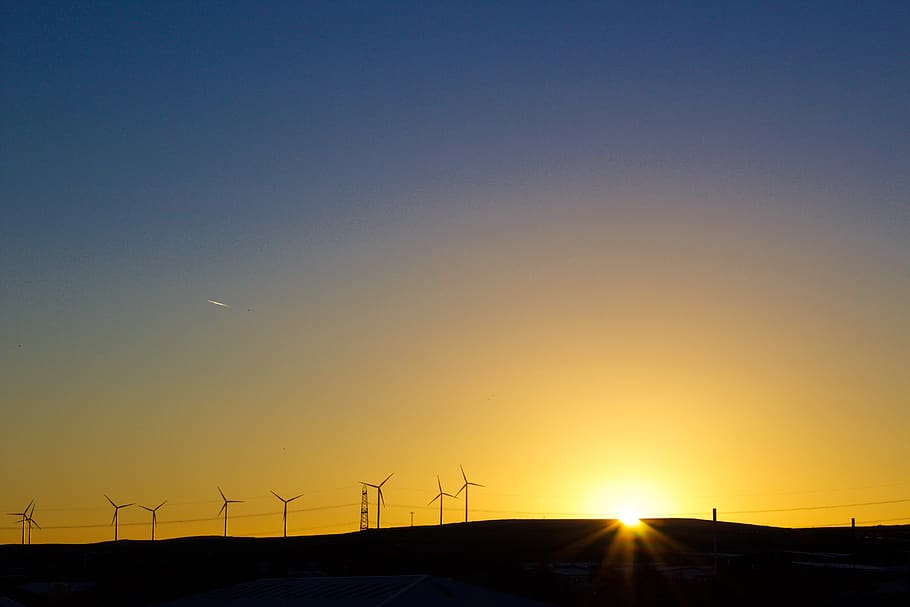 Photo of Windmill during Sunset, sky, sunrise, wind turbines HD wallpaper