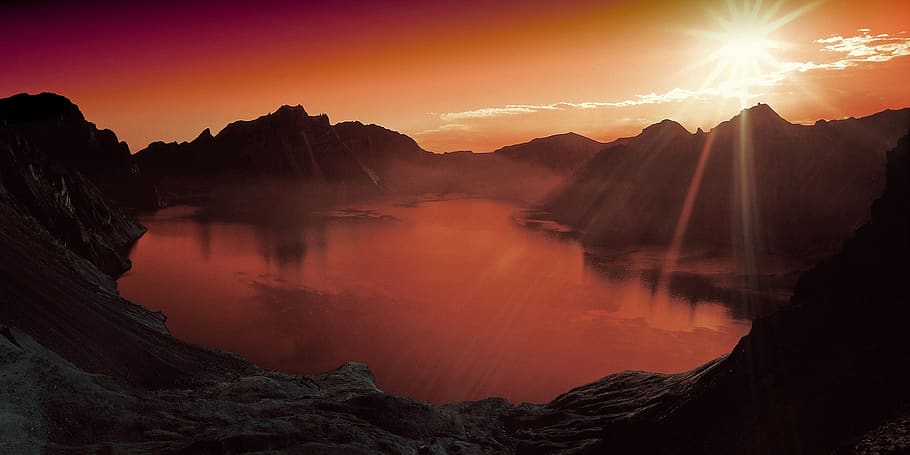 Body of Water Surrounded by Mountains during Sun Set, landscape HD wallpaper
