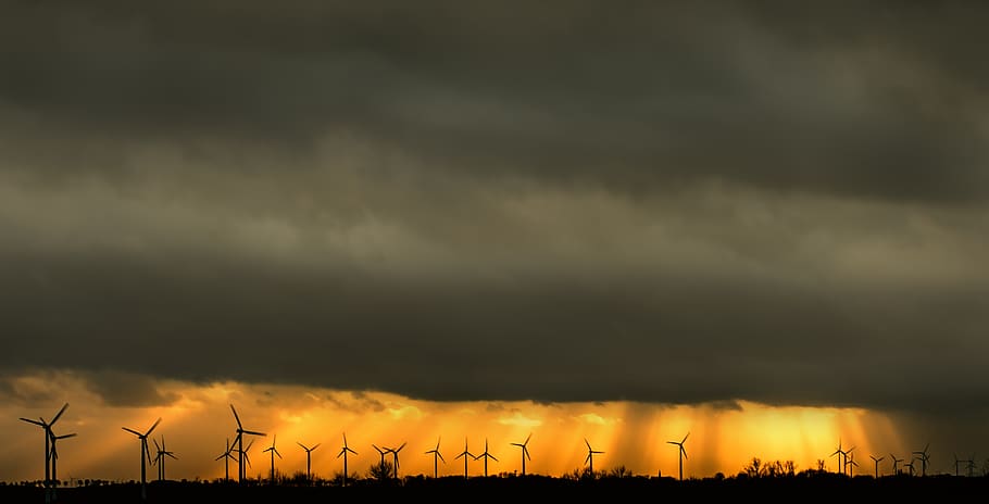 windräder, clouds, sunlight, wind power, dramatic, rain clouds HD wallpaper