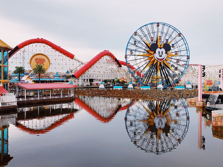 blue ferris wheel, amusement park, reflection, water, amusement park ride HD wallpaper