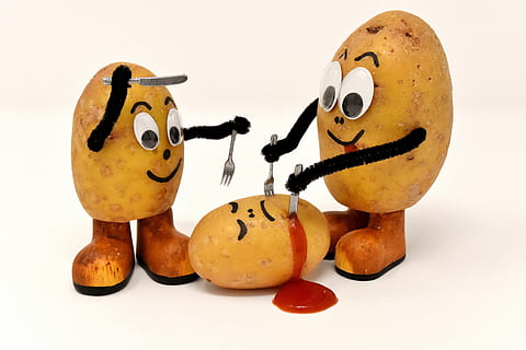 HD wallpaper: three potatoes holding knife, cannibals, funny, fork, eat,  kill | Wallpaper Flare