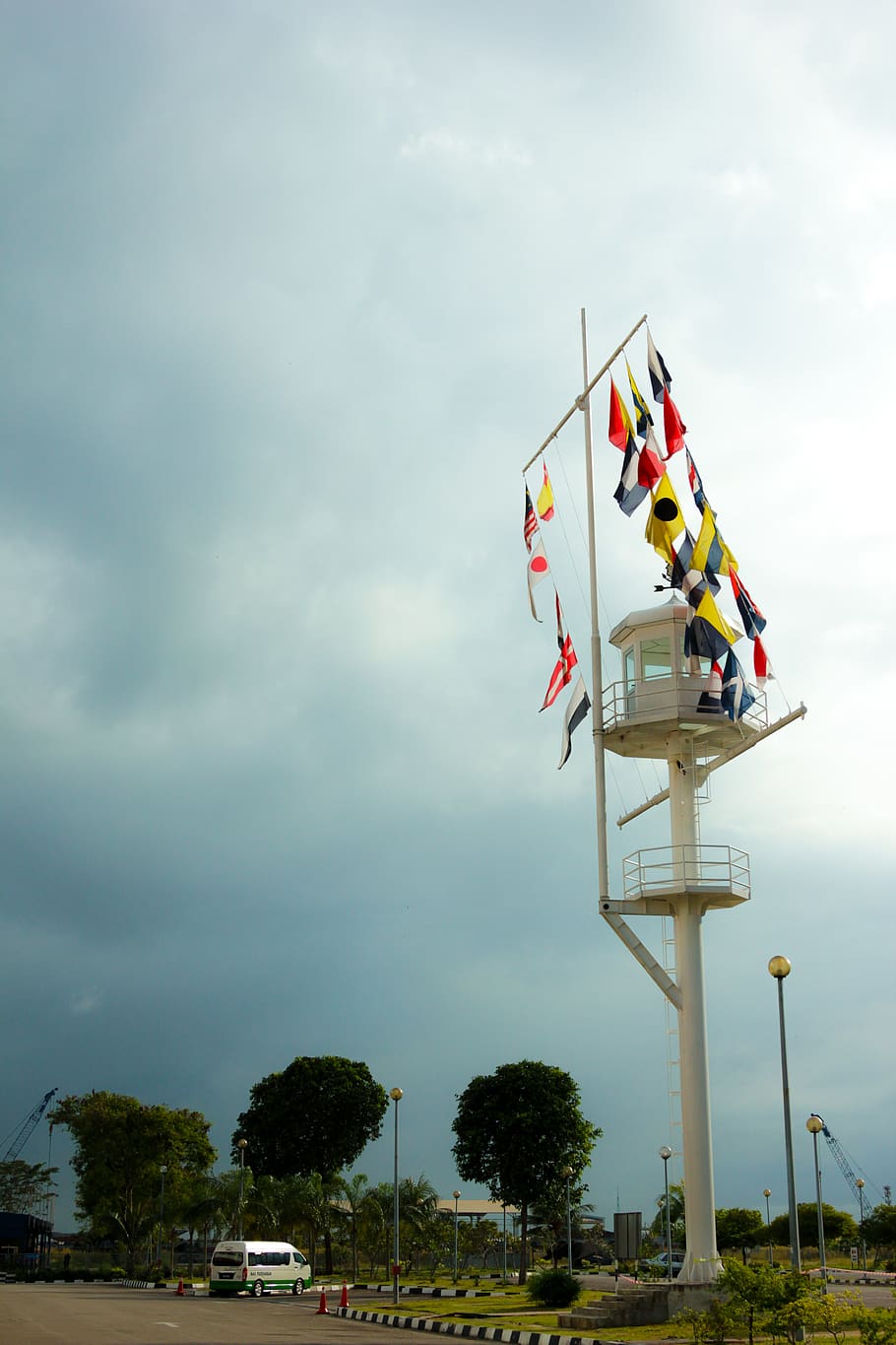 tower, pier, harbour, flag, nation, sky, cloud - sky, nature HD wallpaper