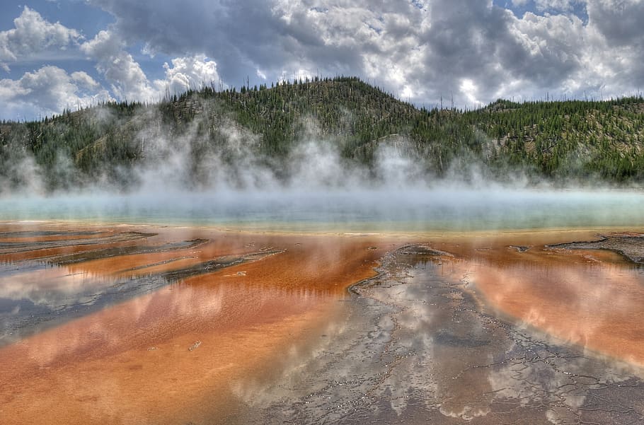 Body of Water Surrounded With Trees, blue, boiling, clouds, colorful HD wallpaper