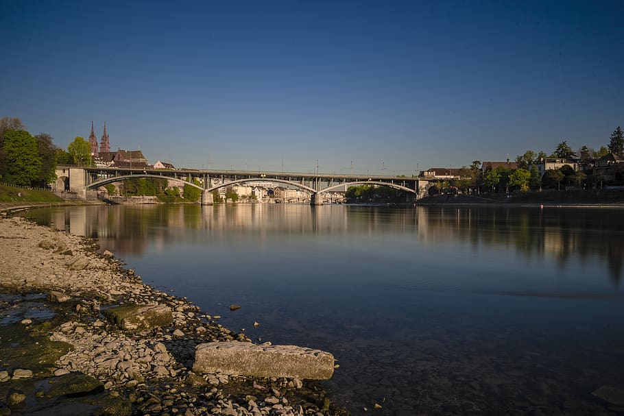 basel, rhein, rhine, river, bridge, church, beach, stones, daylight HD wallpaper