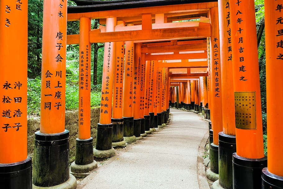 orange pillars, orange color, non-western script, religion, text HD wallpaper