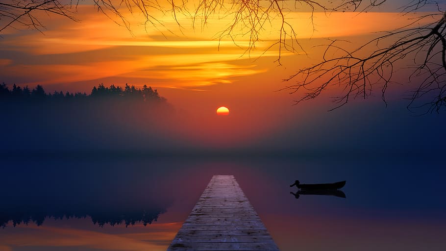 Brown Dock during Sunset, backlit, boat, clouds, dawn, evening HD wallpaper