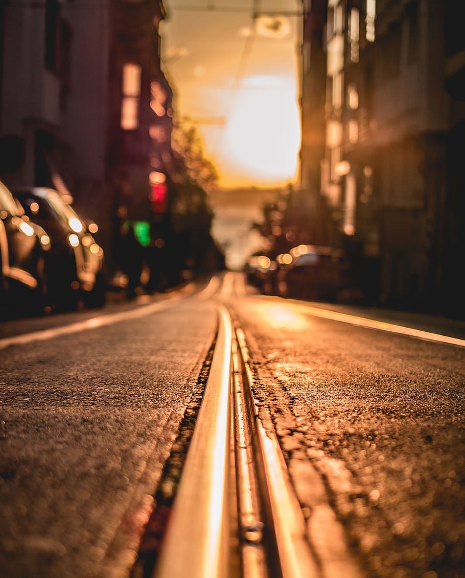Road Between Buildings during Sunset, asphalt, blur, city, dark, HD wallpaper