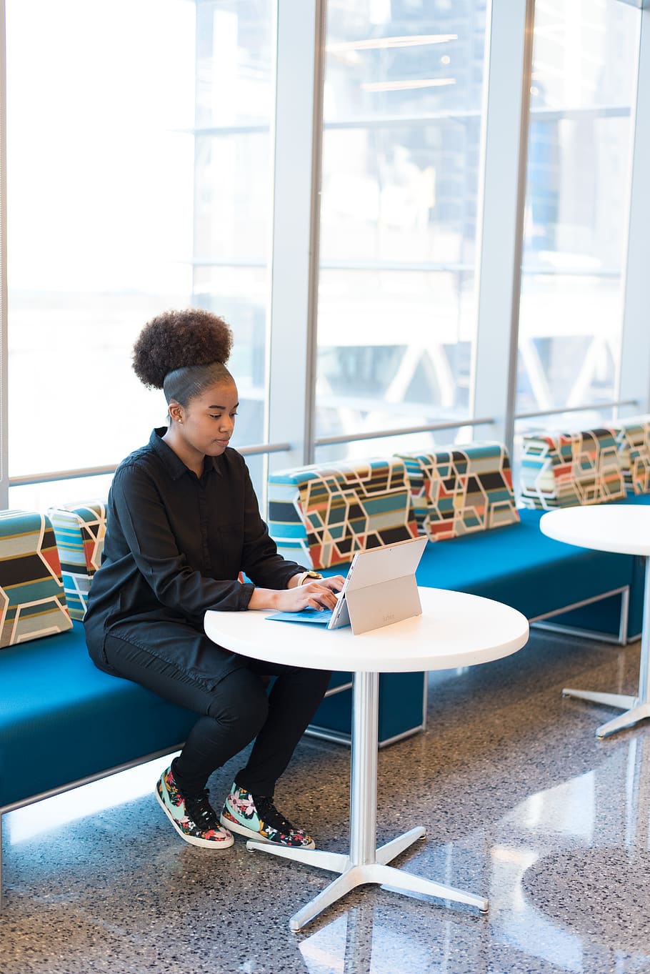 Woman in Black Outfit Working on a Laptop., female, sitting, technology HD wallpaper
