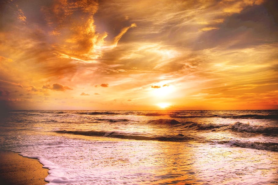 sun, denmark, clouds, sky, coast, sea, water, beach, sunset HD wallpaper