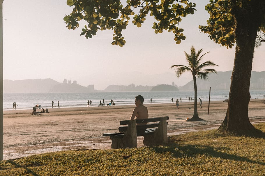 Shirtless Man Sitting on Bench Fronting Beach, clouds, golden hour HD wallpaper