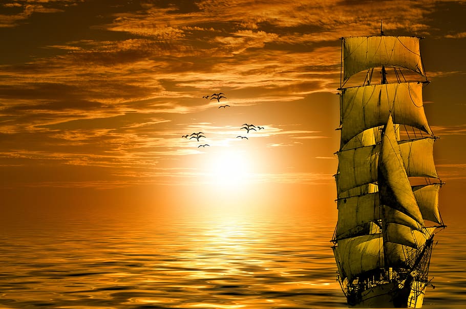 pirate ship sunset hd
