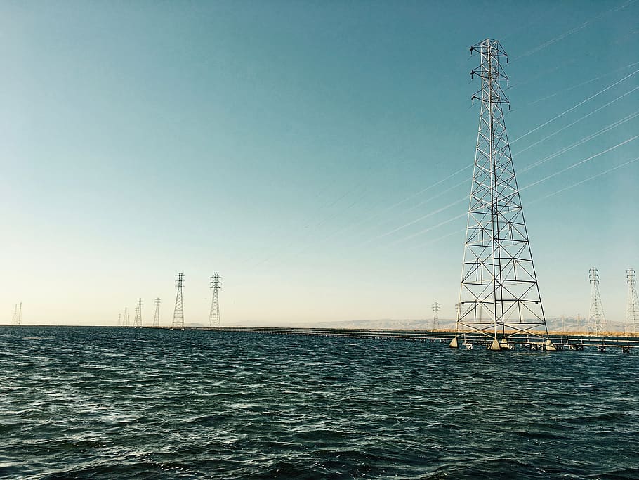 pylon, water, perspective, sky, horizon, wires, technology HD wallpaper