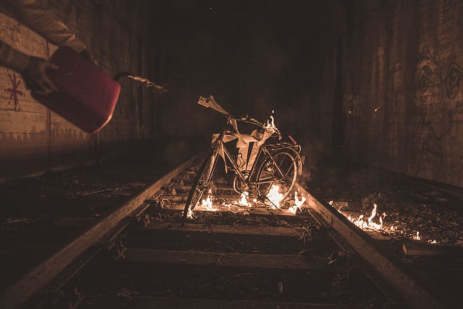 Bicycle on Flame on Train Railway, bike, dark, fire, light, wood - material HD wallpaper