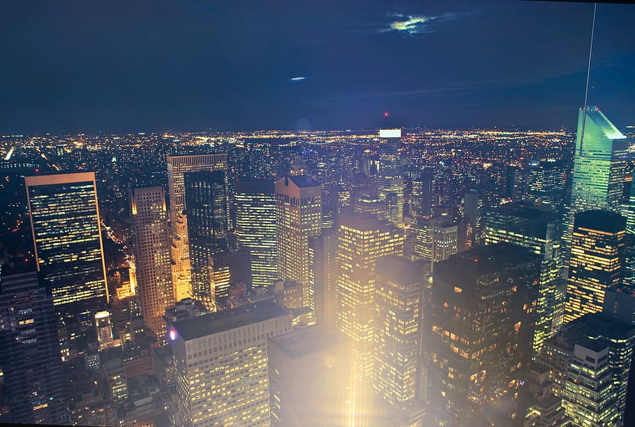 High Angle Night View Of Illuminating Skyscrapers in New York City