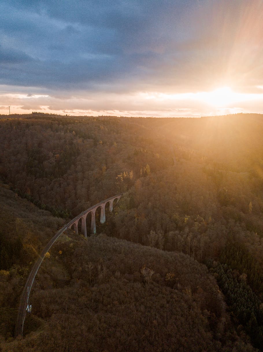 viaduct, germany, sunset, drone, dji, sky, forest, environment HD wallpaper