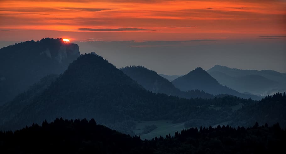 view, landscape, twilight, sunset, mountains, mountain chain HD wallpaper