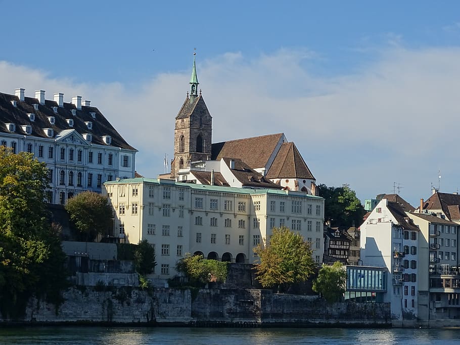 historic center, river, sky, clouds, basel, rhine, panorama HD wallpaper
