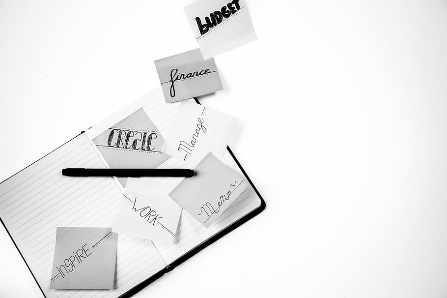 Grayscale Photo of Lined Paper Notebooks and Pen, black-and-white HD wallpaper