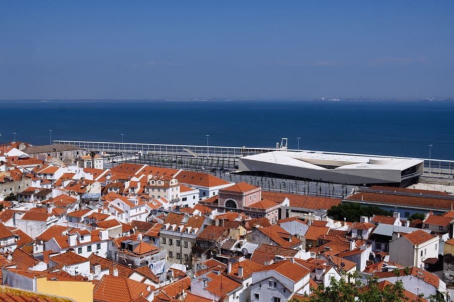 portugal, alfama, roof, orange, blue, lisbon, landscape, outdoors, HD wallpaper