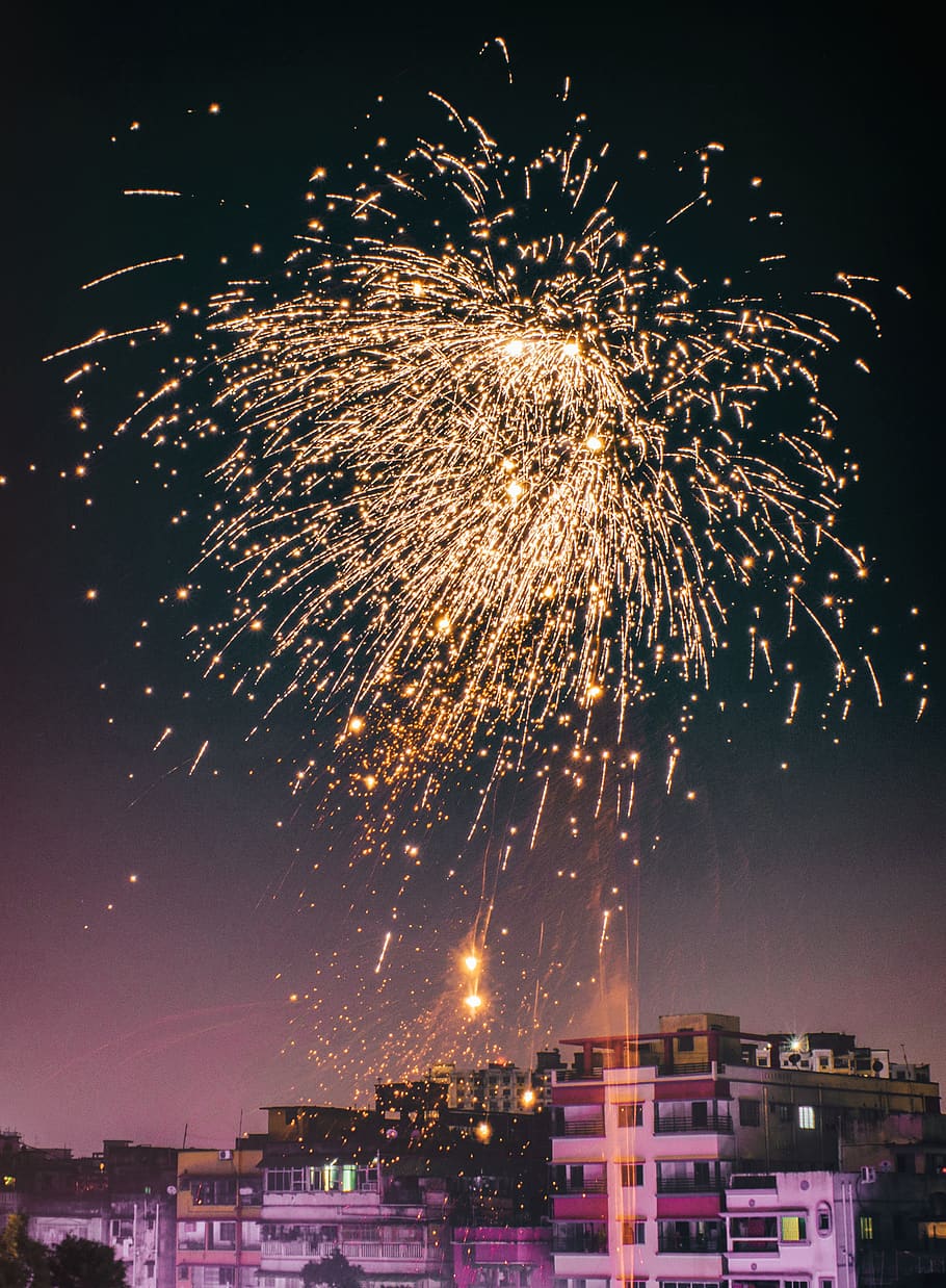 Yellow Fireworks, buildings, celebration, evening, explosion HD wallpaper