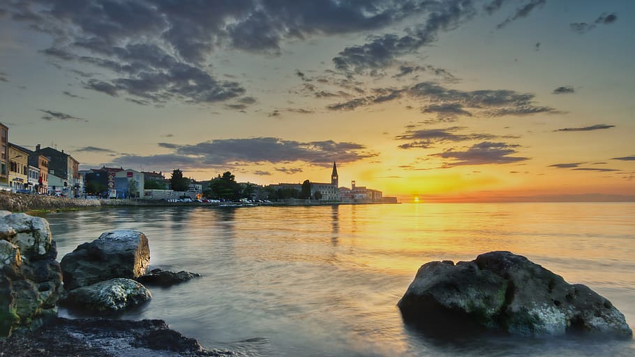 croatia, porec, sea, sunset, sky, water, rock, rock - object, HD wallpaper